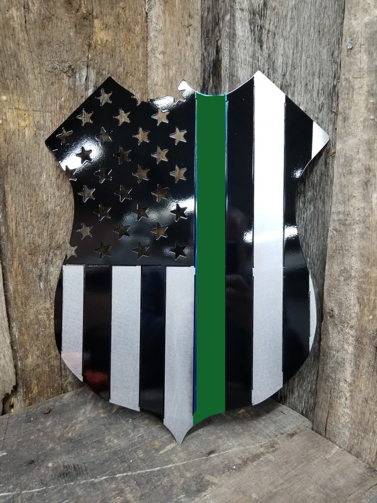 Veteran's Support Thin Green Line Battle Shield Steel Sign